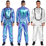 Men Women Halloween Space Astronaut Cosplay Costume Long Sleeve Metallic Shiny Zipper Jumpsuit for Carnival Theme Party Clubwear