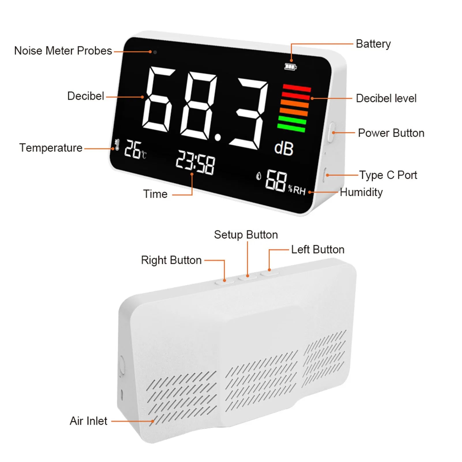 Digital Decibel Meter Desktop Sound Level Meter 30-130dBA with Temp Humidity Detection for Home School Library DM219N