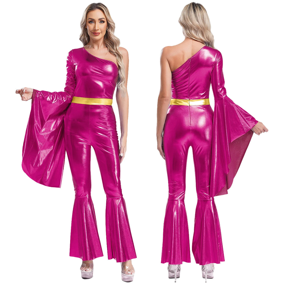 Womens 60 70s Disco Costume Hippie Outfits Halloween Carnival Party Hip-hop Dance Costumes Shiny Metallic Bodysuit Jumpsuit