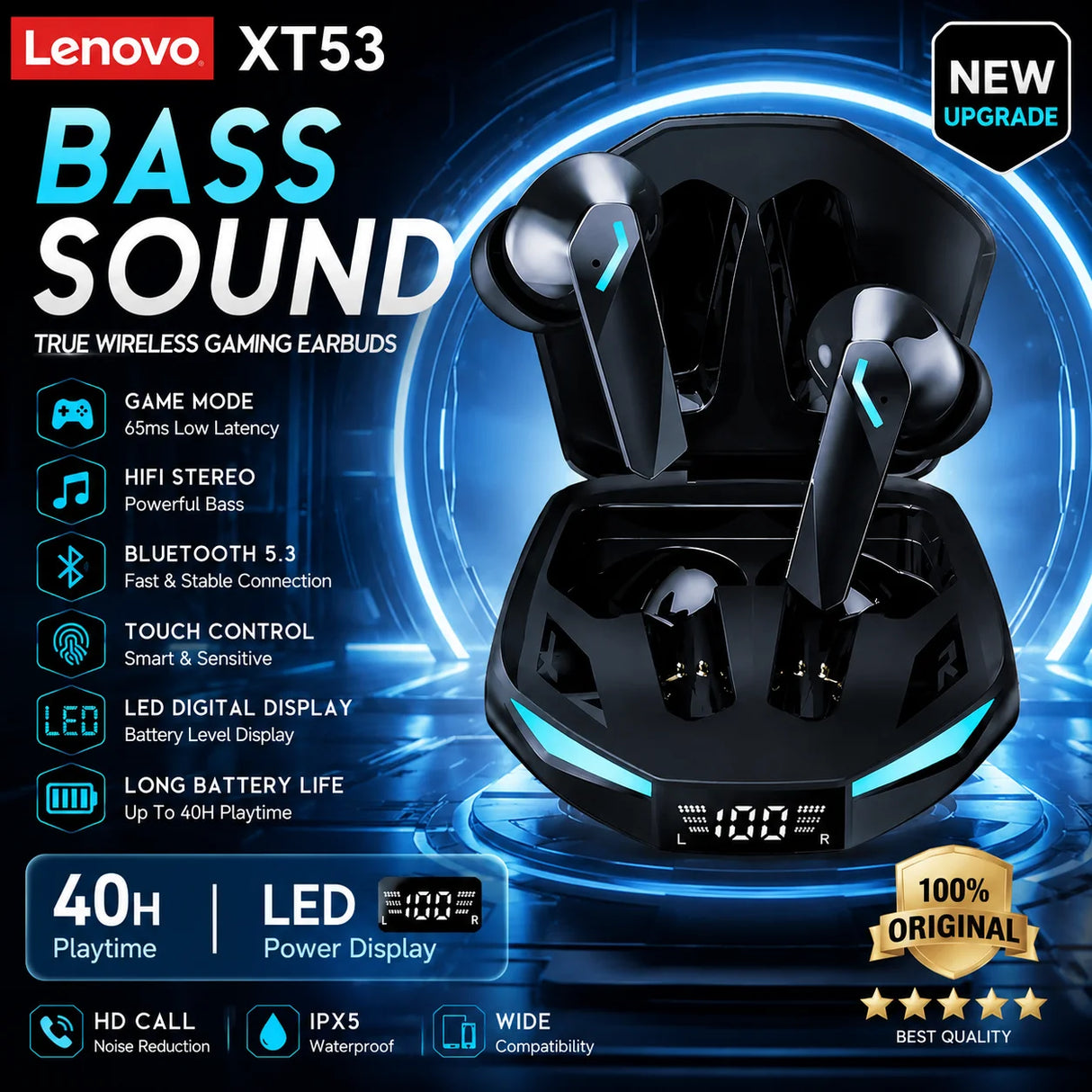 Lenovo XT53 Wireless Upgrade Bluetooth 5.4 Earphones Ultra Long Endurance Low Latency Gaming Headset LED Digital Display Earbuds