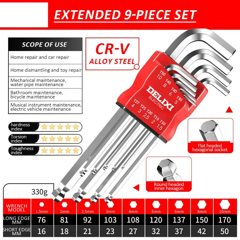 DELIXI ELECTRIC Allen Key Set，Allen Hex Wrench Screwdriver Set With Sleev Universal Torque Long Metric,for Motorcycles, Bicycles