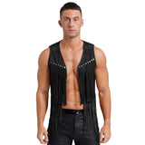 Mens Cowboy Costume Halloween Party Long Tassels 70s Hippie Cardigan Sleeveless Fringe Suede Jacket Waistcoat Vintage Vest Tops