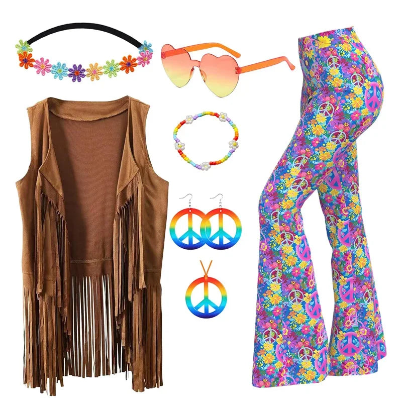 60s 70s Hippie Disco Cosplay Costume Women Hip Tassels Hippie Vest Cardigan Flared Pants Set Halloween Carnival Party