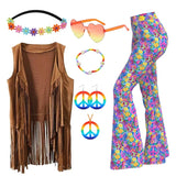60s 70s Hippie Disco Cosplay Costume Women Hip Tassels Hippie Vest Cardigan Flared Pants Set Halloween Carnival Party