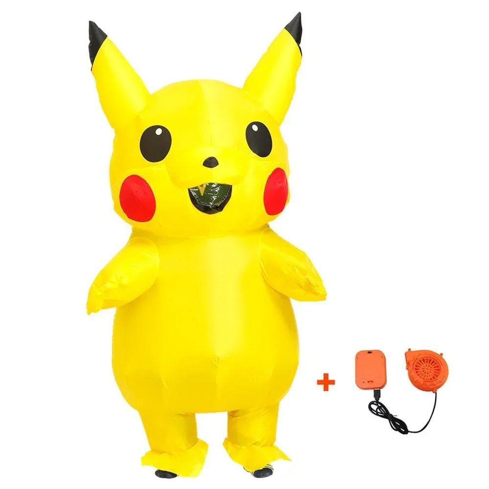 Inflatable Pikachu Costume Yellow Cartoon Character Outfit with Built-in Fan Funny Blow-up Suit for Halloween Cosplay Party