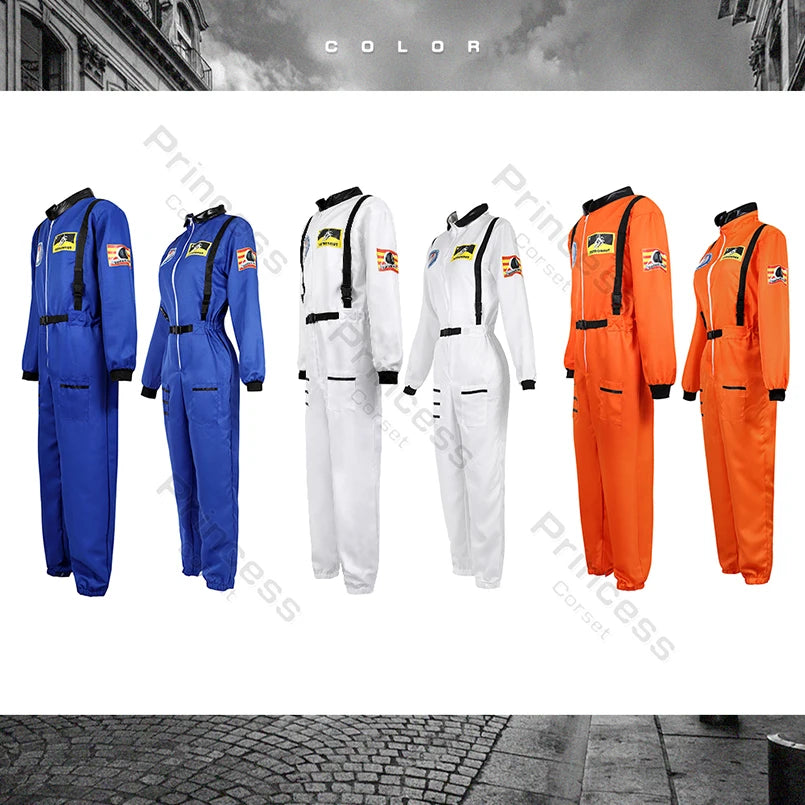 Adult Astronaut Costume for Women Men Flight Suit Costume Cosplay Space Astronaut Blue Full Body Jumpsuit with Zipper Carnival