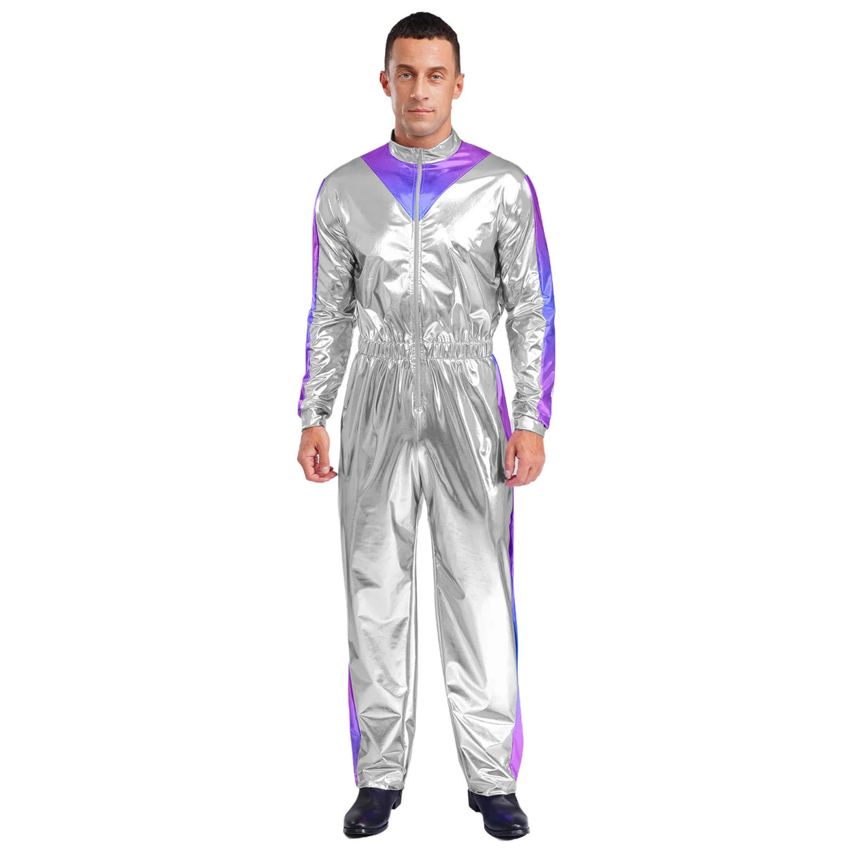 Men Astronaut Space Cosplay Costume Shiny Bodysuit Long Sleeve Elastic Waistband Jumpsuit Fashion for Party Club Halloween Role