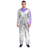 Men Astronaut Space Cosplay Costume Shiny Bodysuit Long Sleeve Elastic Waistband Jumpsuit Fashion for Party Club Halloween Role