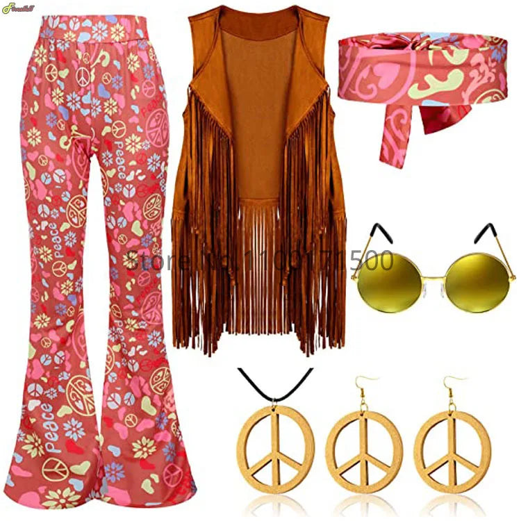 Halloween Hippie Costume Women's Set for Carnival 70s Clothing Accessories Six-Piece Set Tassel Vest+Pants+Headband Set
