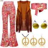 Halloween Hippie Costume Women's Set for Carnival 70s Clothing Accessories Six-Piece Set Tassel Vest+Pants+Headband Set