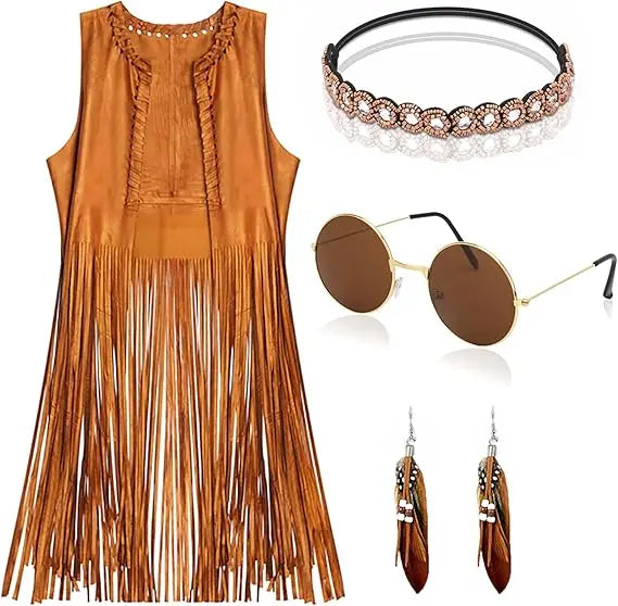 Women 60s 70s Hippie Disco Cosplay Costume Peace Love Girls Hip Indian Tassels Cowgirl Vest Cardigan Halloween Carnival Party