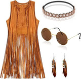Women 60s 70s Hippie Disco Cosplay Costume Peace Love Girls Hip Indian Tassels Cowgirl Vest Cardigan Halloween Carnival Party