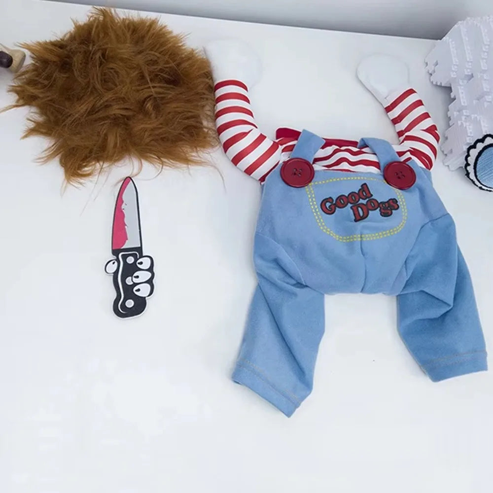 1-4PCS Halloween Chucky Pet Costume Deadly Doll Outfit for Dogs Cats Cosplay Funny Scary Apparel with Wig Knife Accessories