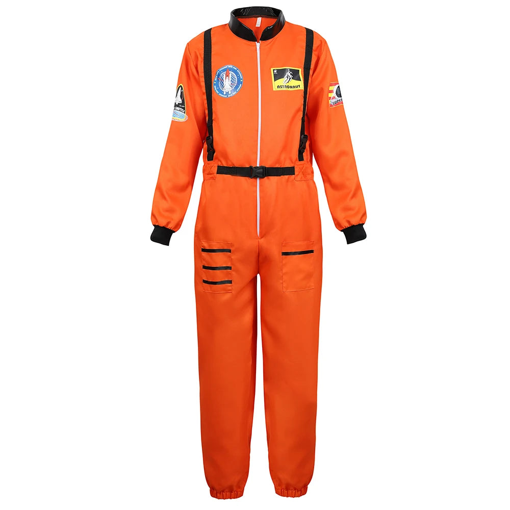 Adult Astronaut Costume for Women Men Flight Suit Costume Cosplay Space Astronaut Blue Full Body Jumpsuit with Zipper Carnival