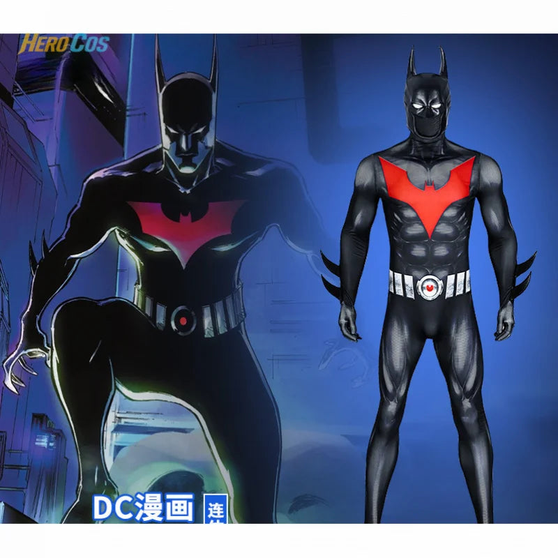 Batmaning Beyond Cosplay Costume Black Jumpsuit with Headgear Full Set Props Accessories Halloween Carnival Party