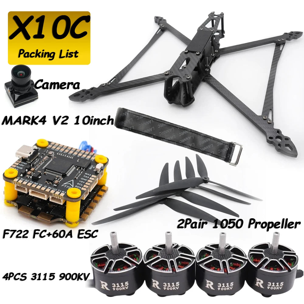 Mark4 V2 10inch 427mm Frame F722 Flight Control 60A ESC 3115 900KV Motor 1050 Propeller Camera VTX Receiver Antenna for FPV Done