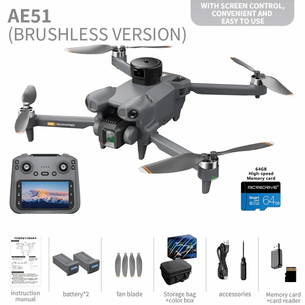 AE51 Foldable GPS Drone 4.5 Inch Large Screen Controller 4K HD Camera Optical Flow Stable Hover WiFi FPV RC Quadcopter for Gift