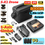 S-X1 MAX GPS Drone with 3-Axis Gimbal 8K/4K HD Camera 5000m FPV LCD Remote Screen 30min Flight Professional Foldable Quadcopter