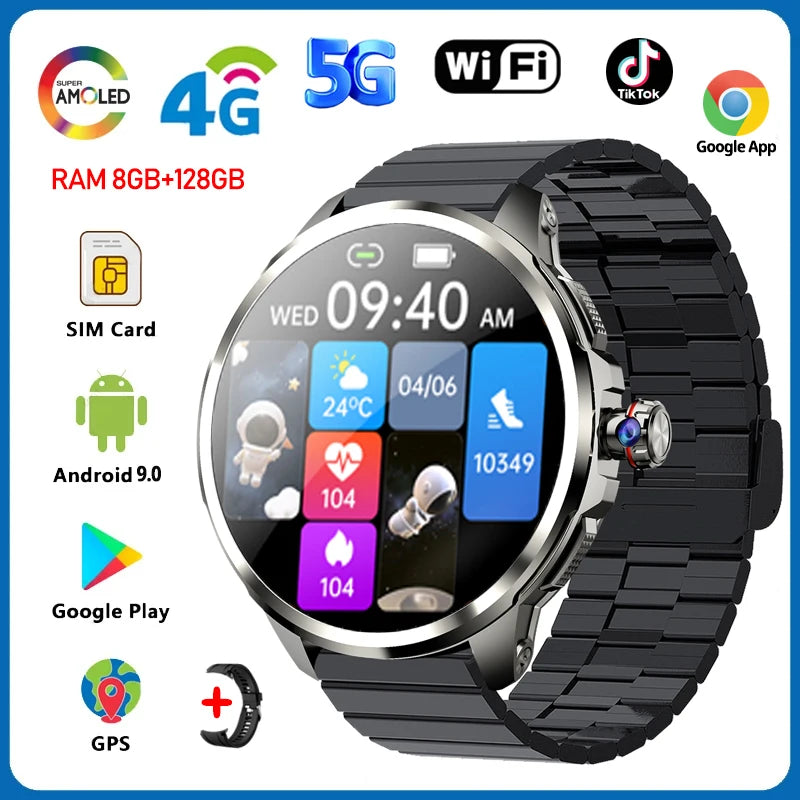5G/4G Full Network Smart Watch Men 1.95 inch AMOLED Screen 8GB+128GB RAM 900W Camera GPS WIFI Google APPS Android 9.0 Smartwatch