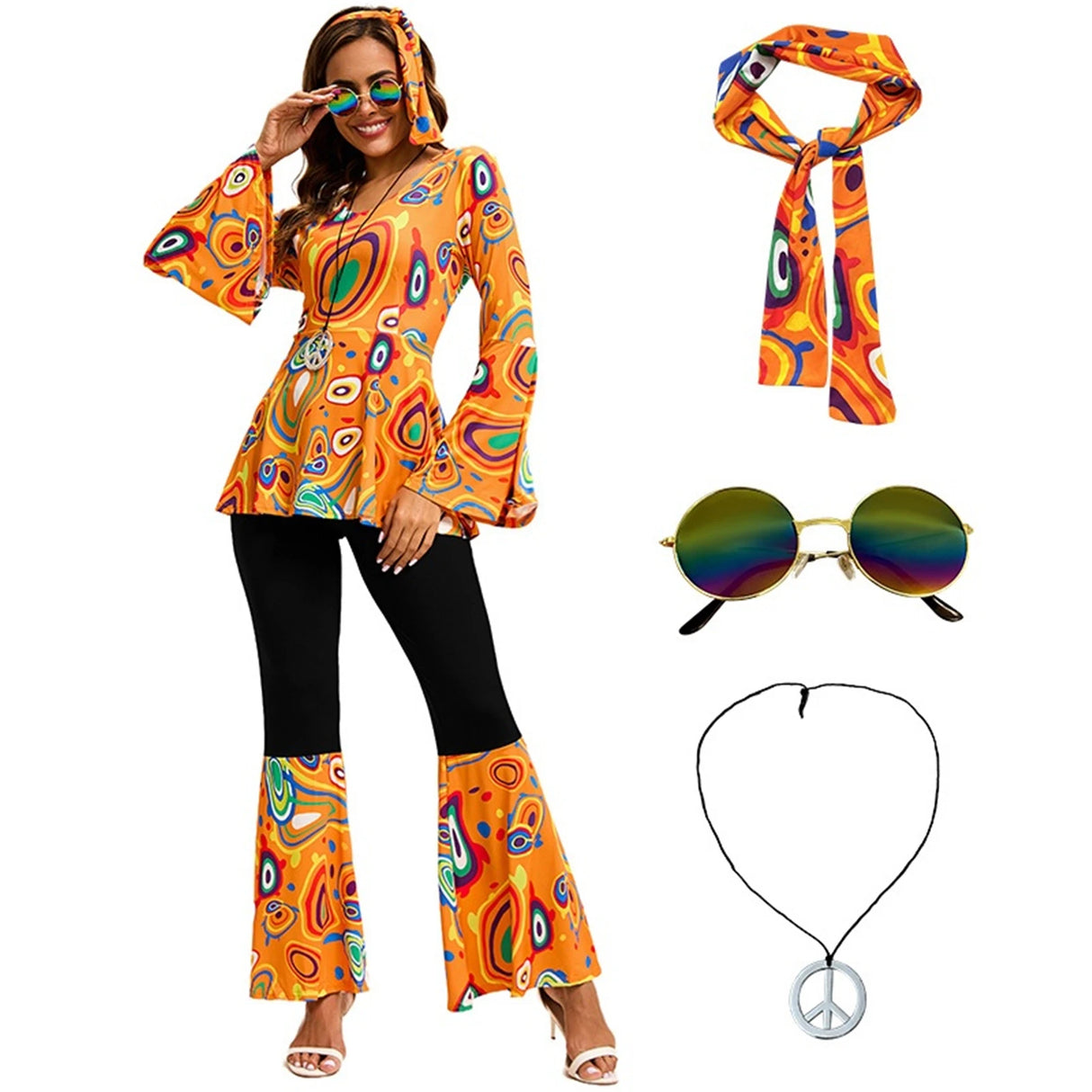 Women 60s 70s Outfits Hippie Costume Set Disco Outfit Dress Boho Flared Pants Hippie Shirt Headband