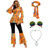 Women 60s 70s Outfits Hippie Costume Set Disco Outfit Dress Boho Flared Pants Hippie Shirt Headband