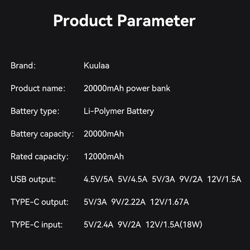 KUULAA 20000mAh portable power bank 5W fast charging