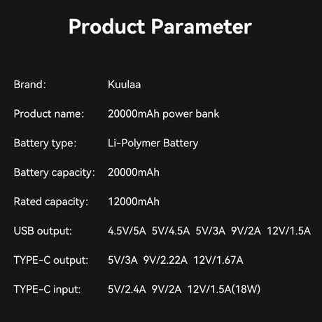 KUULAA 20000mAh portable power bank 5W fast charging