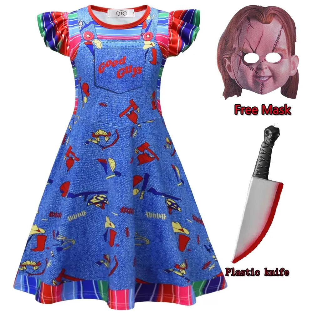 Kids Chucky Clothing for Boy Girl Long T Shirt Pants Dress Free Mask Ghost Dolls Cosplay Pyjamas Carnival Party Outfit Xmas Gift