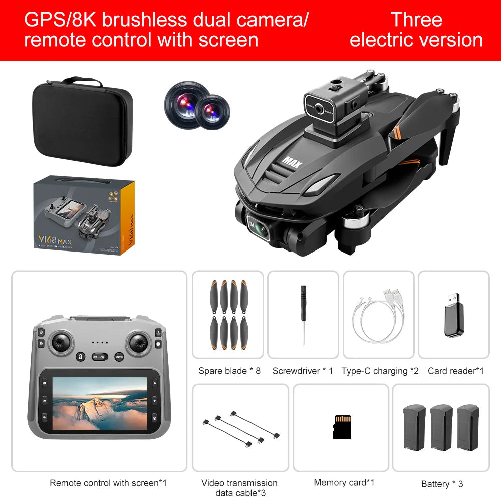 Lenovo V168 MAX 5GGPS Drone 8K Professional Camera Aerial FPV Brushless Avoiding Obstacle Large Screen 8K RC Folding Drones Toy