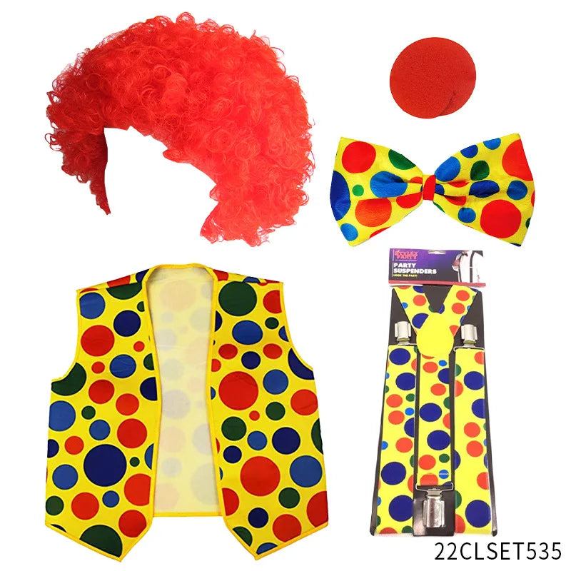 Clown Costume -  Nose Wig Bow Tie Shoes Headband Gloves Hat Stockings and Vest Dress Up Cosplay Props Accessories