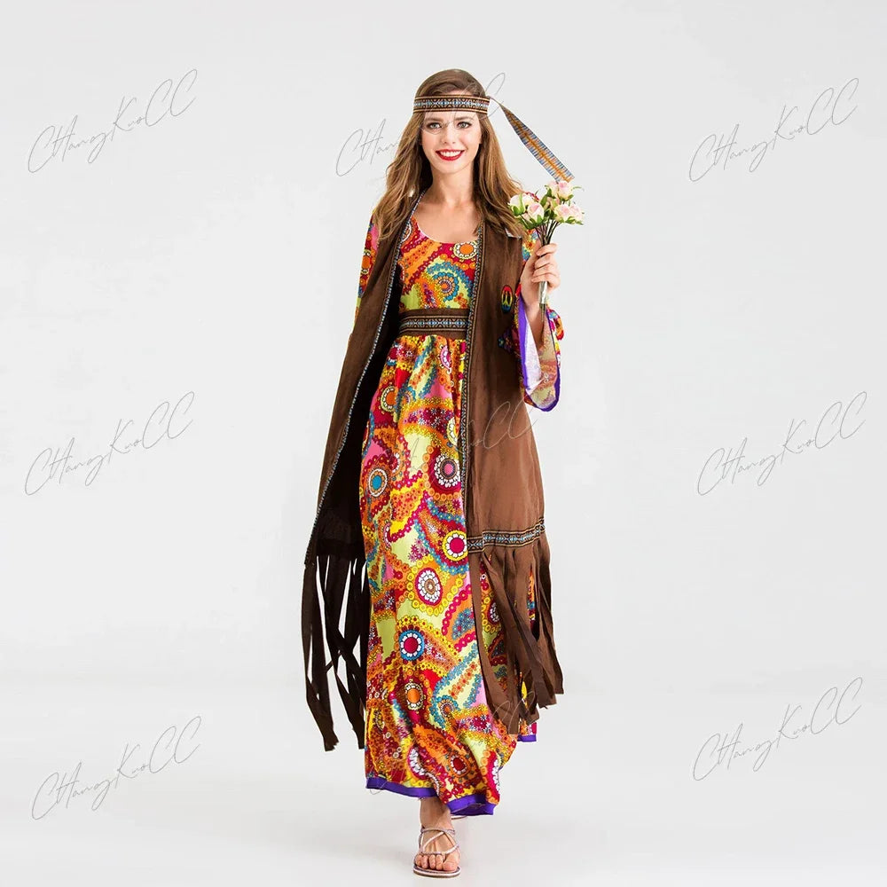 New Halloween Women's Hippie Cosplay Costume Adult 70'S Retro Disco Long Sleeve Printed Dress Vest Purim Party Role Play Suit