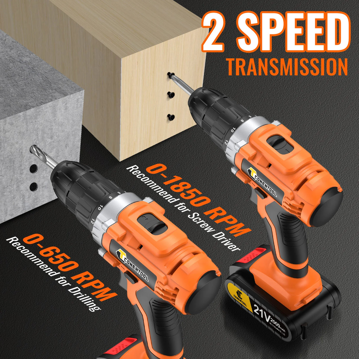 Conentool 45N.m Cordless Drill Driver Electric Screwdriver Rechargeable 2 Battery 25+1 Clutch Torque Impact Drill 36PCS Tool Set