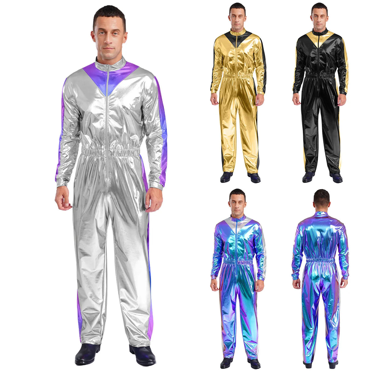 Men Astronaut Space Cosplay Costume Shiny Bodysuit Long Sleeve Elastic Waistband Jumpsuit Fashion for Party Club Halloween Role