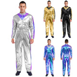 Men Astronaut Space Cosplay Costume Shiny Bodysuit Long Sleeve Elastic Waistband Jumpsuit Fashion for Party Club Halloween Role