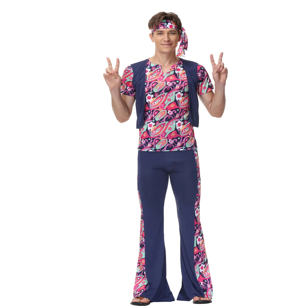 Couple Retro 60s 70s Hippie Cosplay Halloween Costume for Men Women Fancy Disguise Clothing Party Hippie Rock Disco Night Club