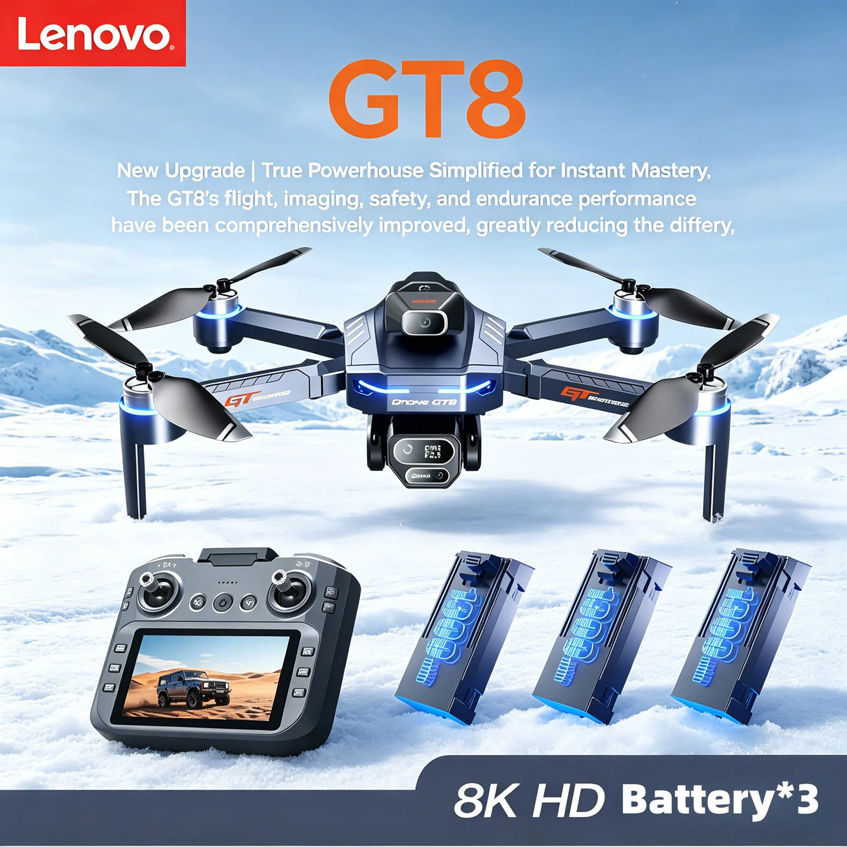 Lenovo GT8 Foldable RC Quadcopter GPS 4K 8K HD Dual Camera  Optical Flow Positioning Stunt Roll 20Min Flight Brushless Motor Toy