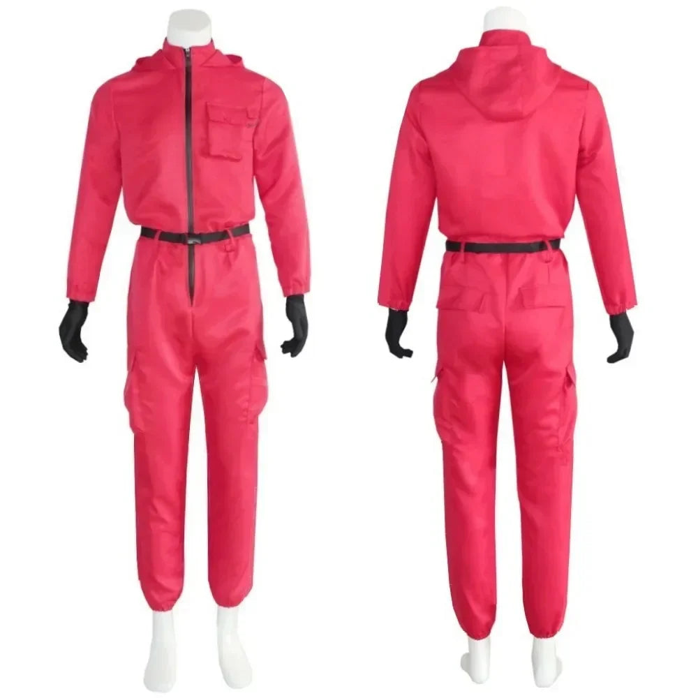 Adult Calamari Game Costume Guard Cosplay Jumpsuit Outfit Teenagers Tracksuit Hooded Overall Belt Gloves Mask Set Halloween