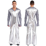 Mens 70s Disco Jumpsuit Retro Hippie Music Festival Cosplay Costume V Neck Zipper Halloween Party Fancy Dress Jazz Dancing Wear