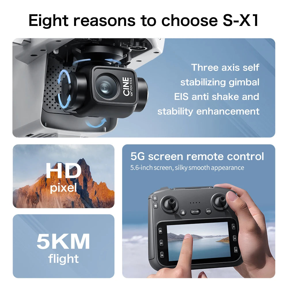 S-X1 MAX GPS Drone with 3-Axis Gimbal 8K/4K HD Camera 5000m FPV LCD Remote Screen 30min Flight Professional Foldable Quadcopter