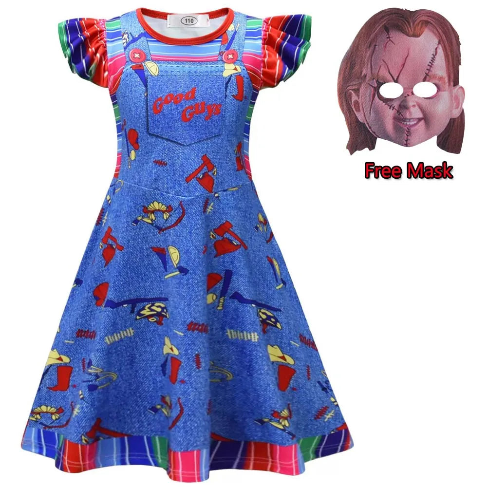 Kids Chucky Clothing for Boy Girl Long T Shirt Pants Dress Free Mask Ghost Dolls Cosplay Pyjamas Carnival Party Outfit Xmas Gift