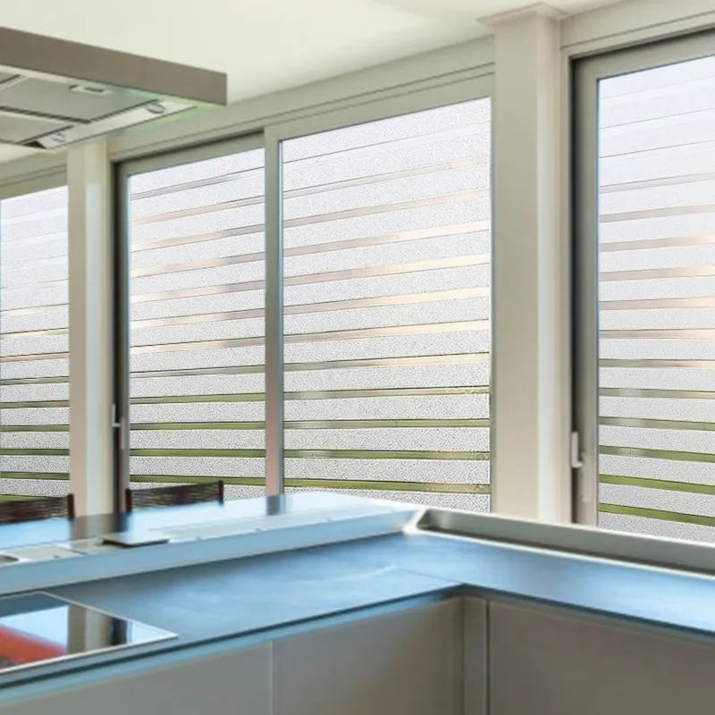 Frosted Privacy Window Film Static Cling Anti-UV Day & Night Reeded Striped Pattern No-Glue Removable for Home Office Bathroom