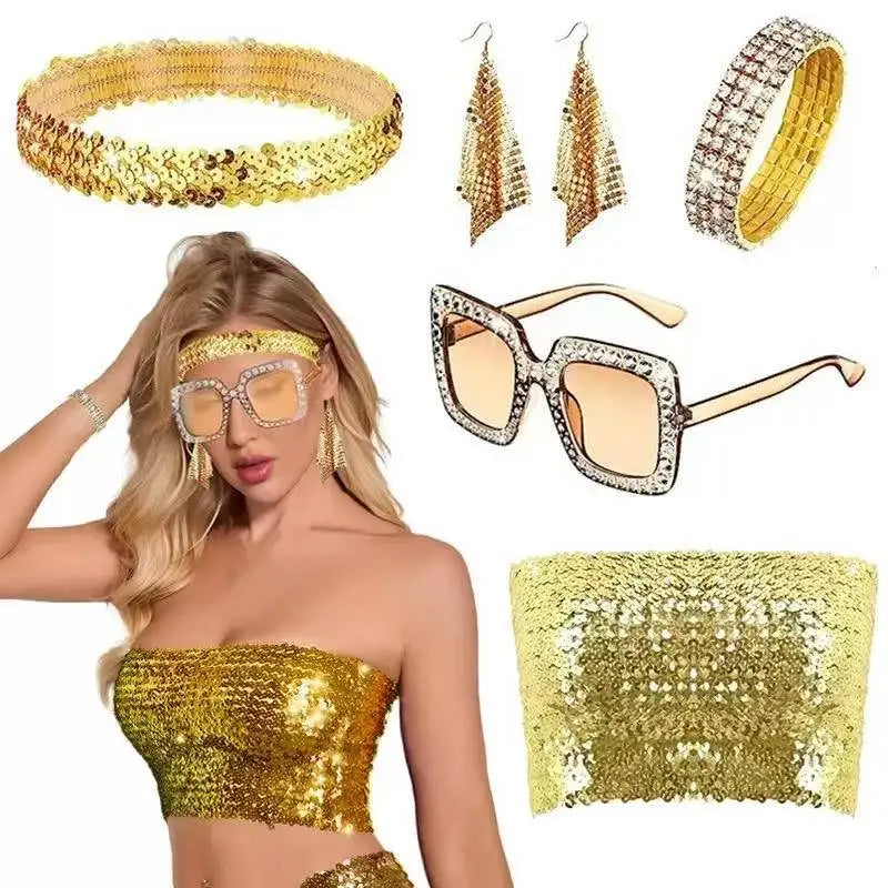 Adult 70s Women Disco Dress Hippie Costumes Necklace Earrings Glasses, 60's Birthday Outfits, 1970s Prom Bling Dress Halloween