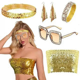 Adult 70s Women Disco Dress Hippie Costumes Necklace Earrings Glasses, 60's Birthday Outfits, 1970s Prom Bling Dress Halloween