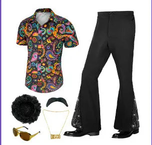 60s 70s Hippie Halloween Costume Sequins Pants Shirt Tops Bell Bottom Men's Flared Trouser Adult Disco Singer Dance Shiny Outfit