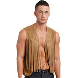 Mens Cowboy Costume Halloween Party Long Tassels 70s Hippie Cardigan Sleeveless Fringe Suede Jacket Waistcoat Vintage Vest Tops