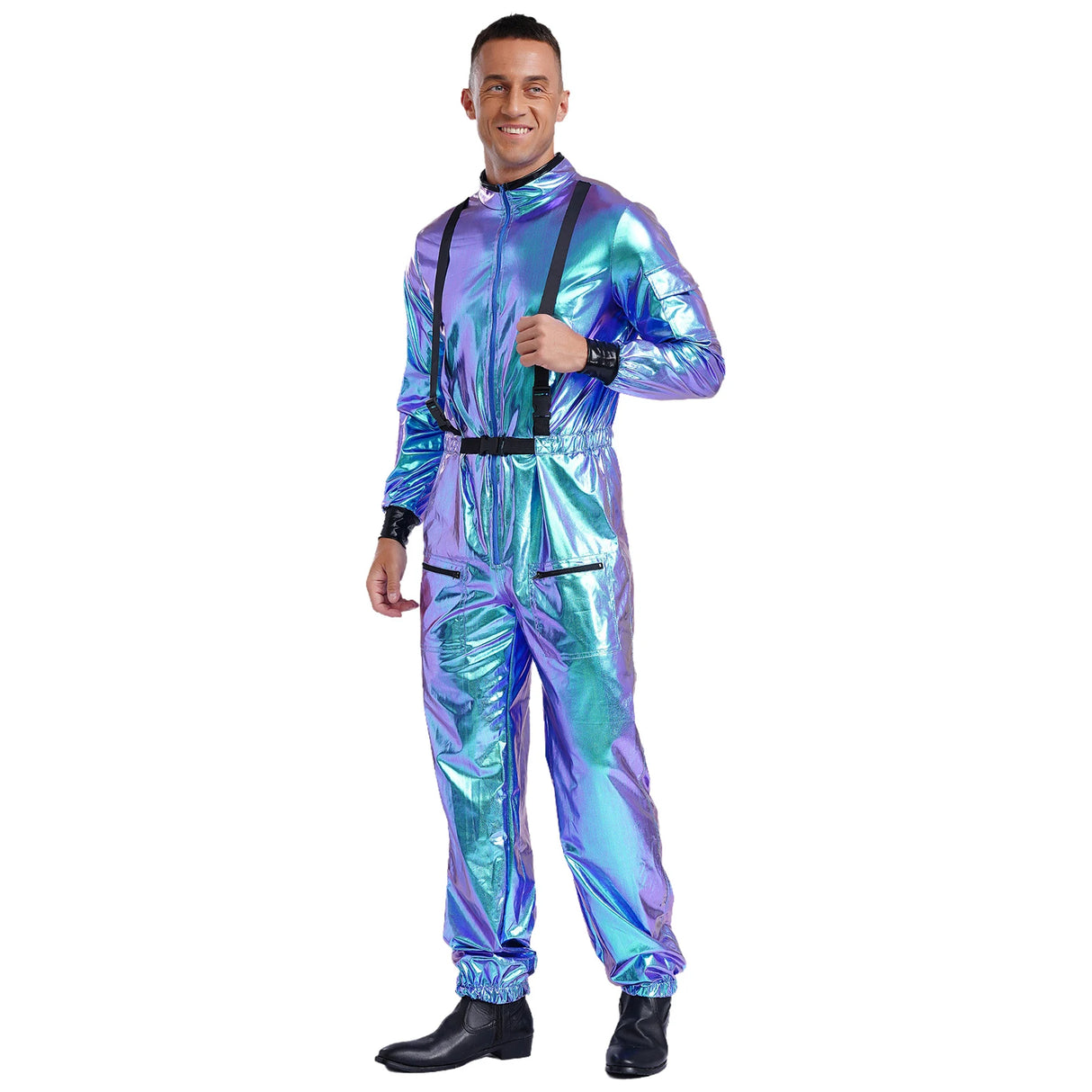 Men Women Halloween Space Astronaut Cosplay Costume Long Sleeve Metallic Shiny Zipper Jumpsuit for Carnival Theme Party Clubwear
