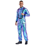 Men Women Halloween Space Astronaut Cosplay Costume Long Sleeve Metallic Shiny Zipper Jumpsuit for Carnival Theme Party Clubwear