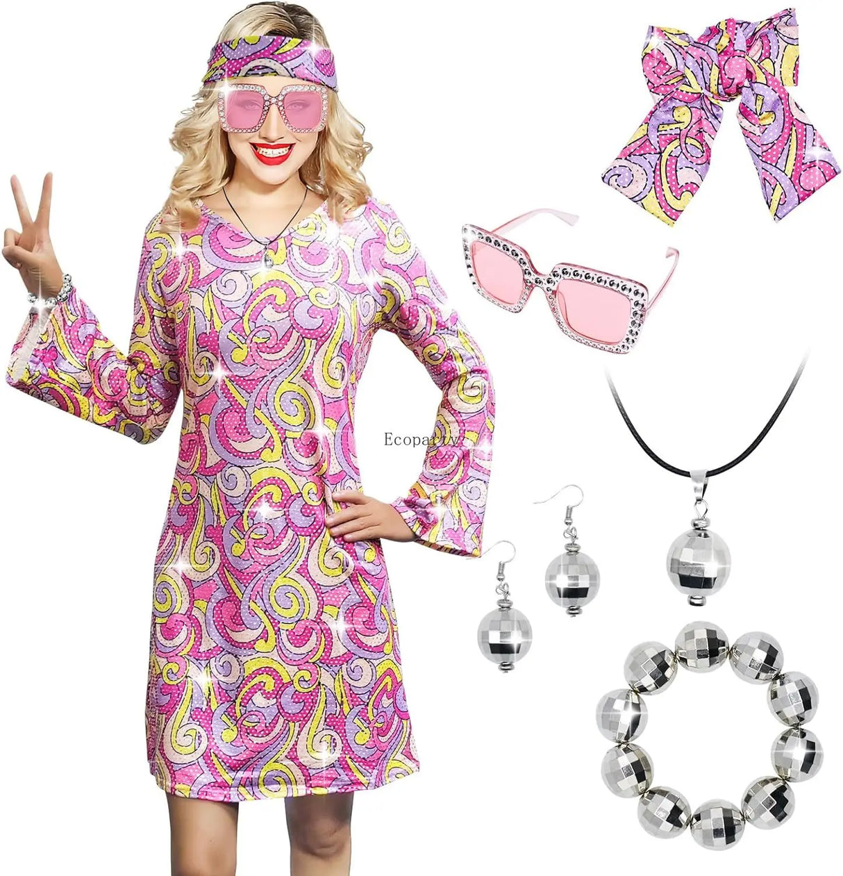 Disfraz 70s Women Disco Dress Hippie Costumes Necklace Earrings Glasses, 60's 70's Birthday Outfits, 1970s Prom Bling Dress