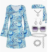 Disfraz 70s Women Disco Dress Hippie Costumes Necklace Earrings Glasses, 60's 70's Birthday Outfits, 1970s Prom Bling Dress