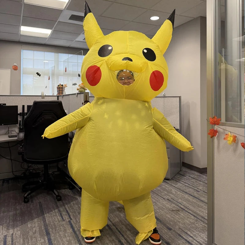Inflatable Pikachu Costume Yellow Cartoon Character Outfit with Built-in Fan Funny Blow-up Suit for Halloween Cosplay Party
